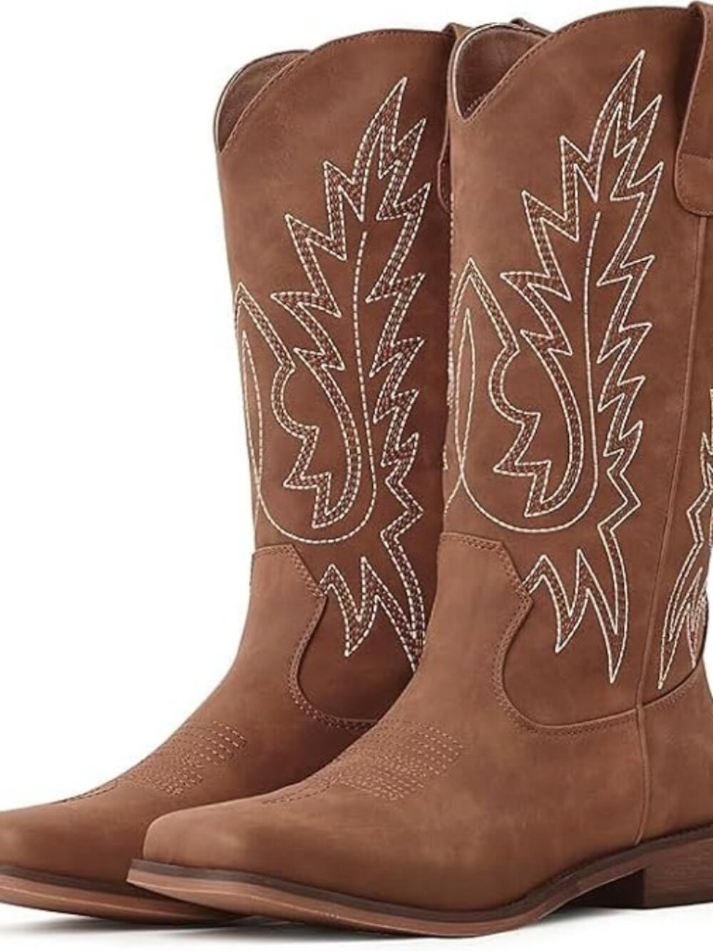 Women's Red/Brown Faux Leather Mid Calf Square Toe Vintage Embroidery Boots